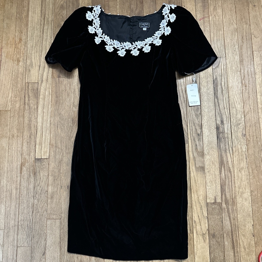 Vintage Cachet By Bari Protas Velvet Lace Sheath‎ Dress Black Retro Glam 10
